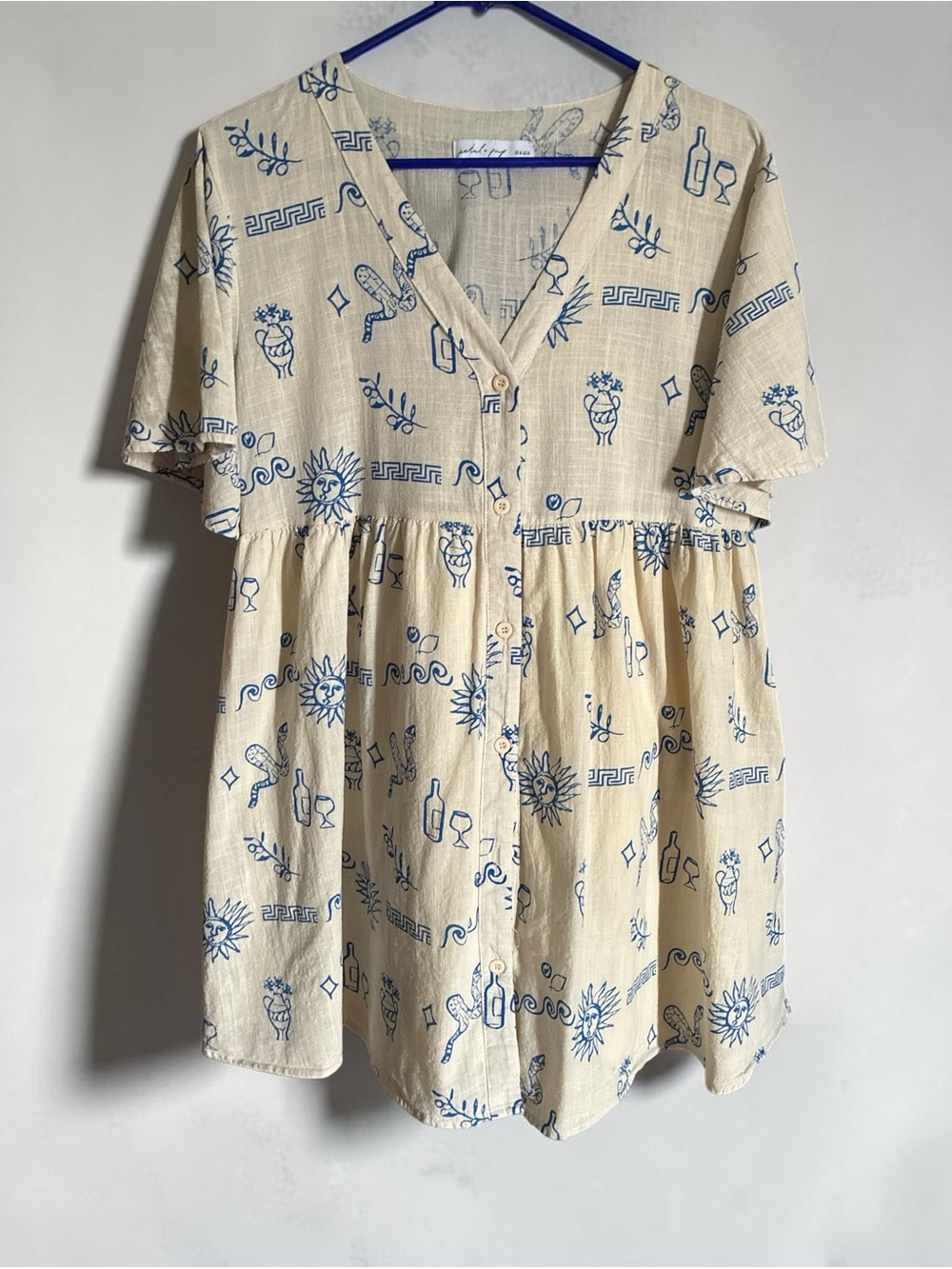 Petal & Pup Cream Button-Front Babydoll Top with Blue Print